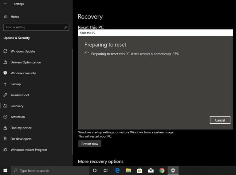 reset to factory settings windows 10