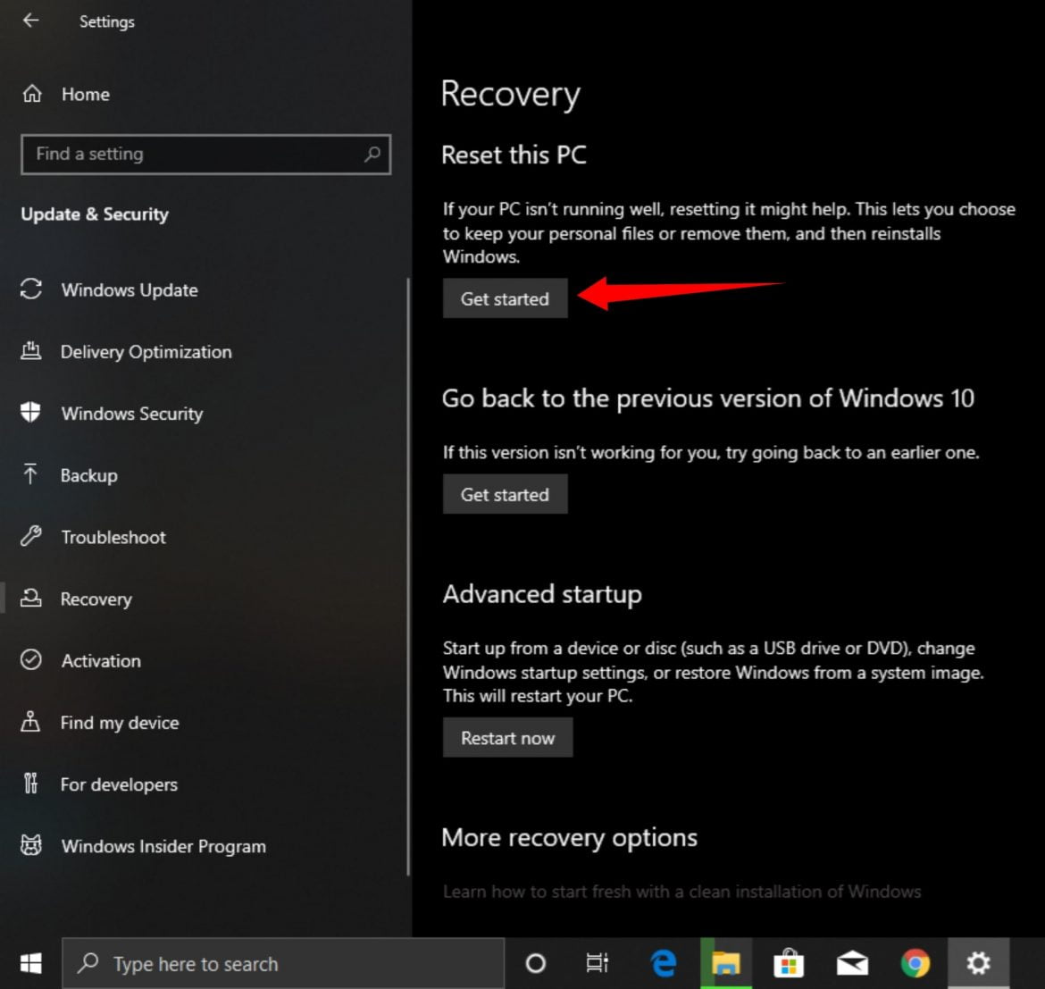 reset to factory settings windows 10