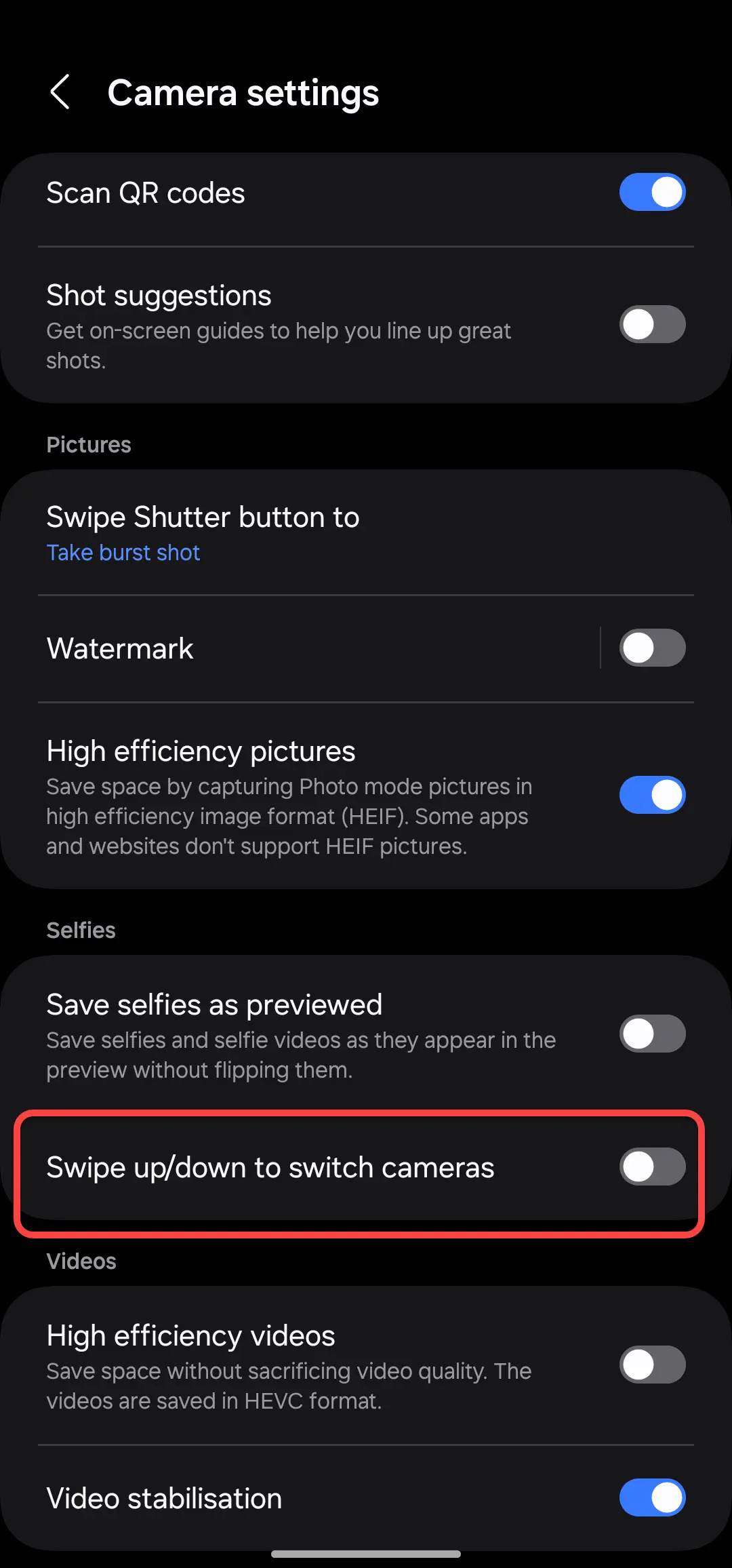 Swipe Up/Down to Switch Cameras on Samsung: How to Disable?